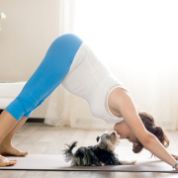 Frau mit Hund beim Yoga Frau mit Hund beim Yoga